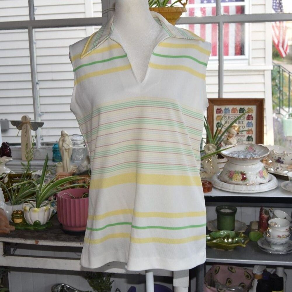 Vintage 1970s Devon Striped Sleeveless Polo Top Mod Knit Shirt Size L